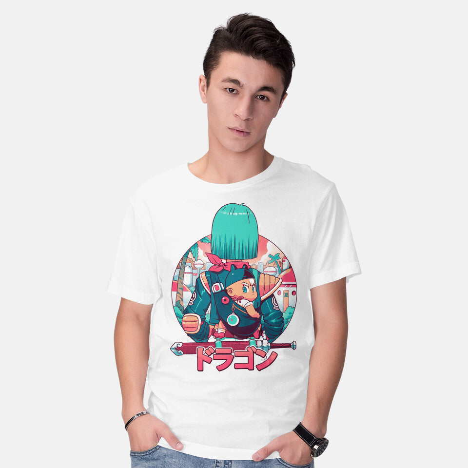 Model wearing white A Summer Dragon – Anime Graphic T-Shirt