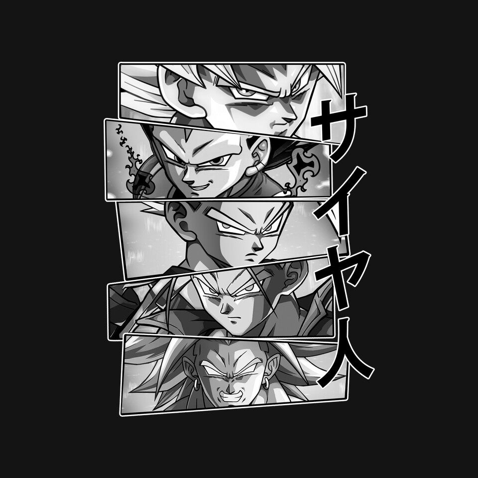 Saiyajin Heroes – Anime Graphic T-Shirt design artwork for black graphic T-shirt