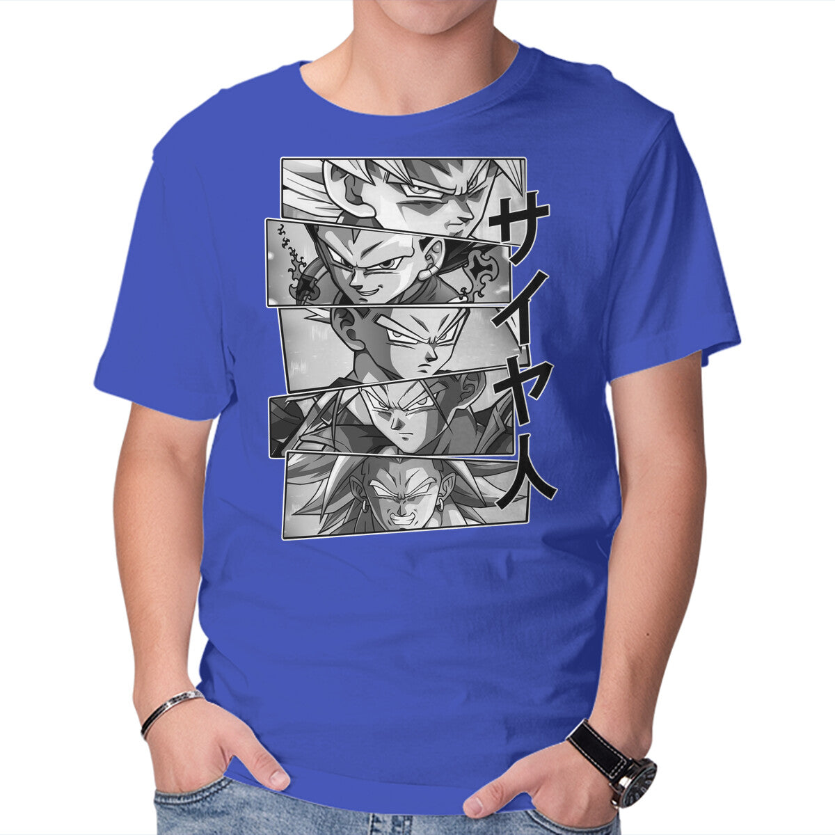 Saiyajin Heroes – Anime Graphic T-Shirt in royal blue, product display