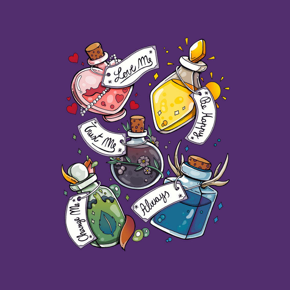 Magic Potions – Fantasy Graphic T-Shirt design artwork for purple graphic T-shirt