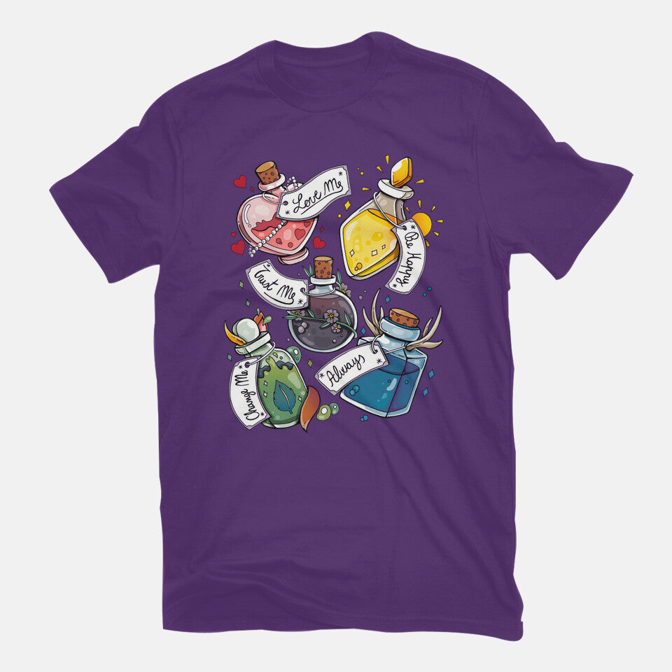 Magic Potions – Fantasy Graphic T-Shirt in purple, flat-lay product view