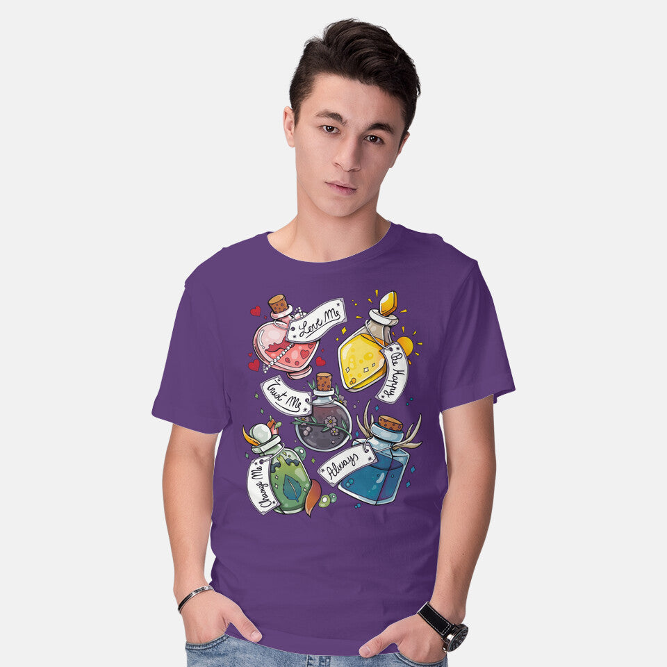 Model wearing purple Magic Potions – Fantasy Graphic T-Shirt