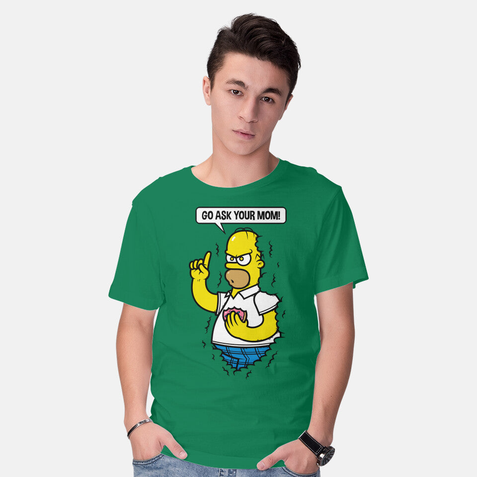 Model wearing green Go Ask Your Mom – Funny Graphic T-Shirt