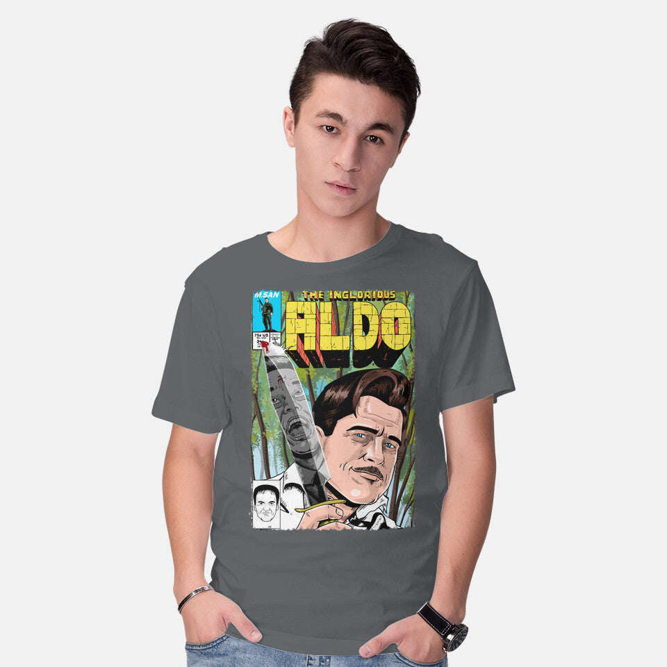 Model wearing charcoal The Inglorious Aldo – Movie Graphic T-Shirt
