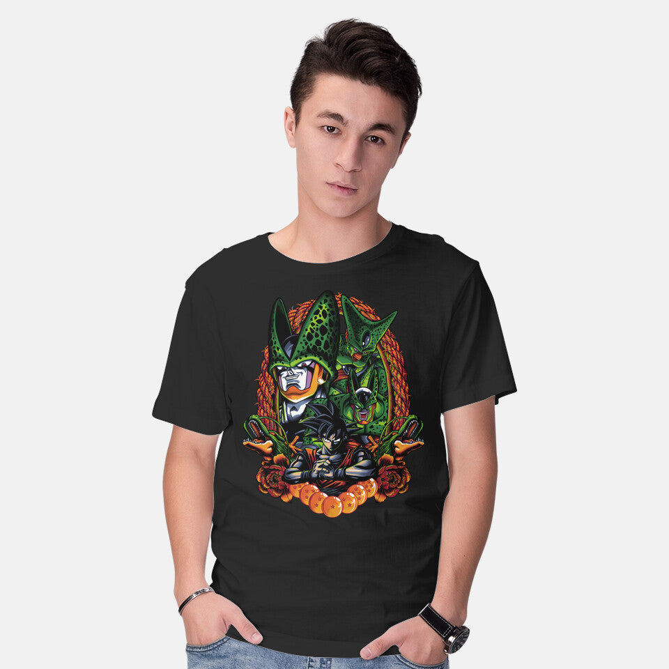 Model wearing black Android Eater – Anime Graphic T-Shirt