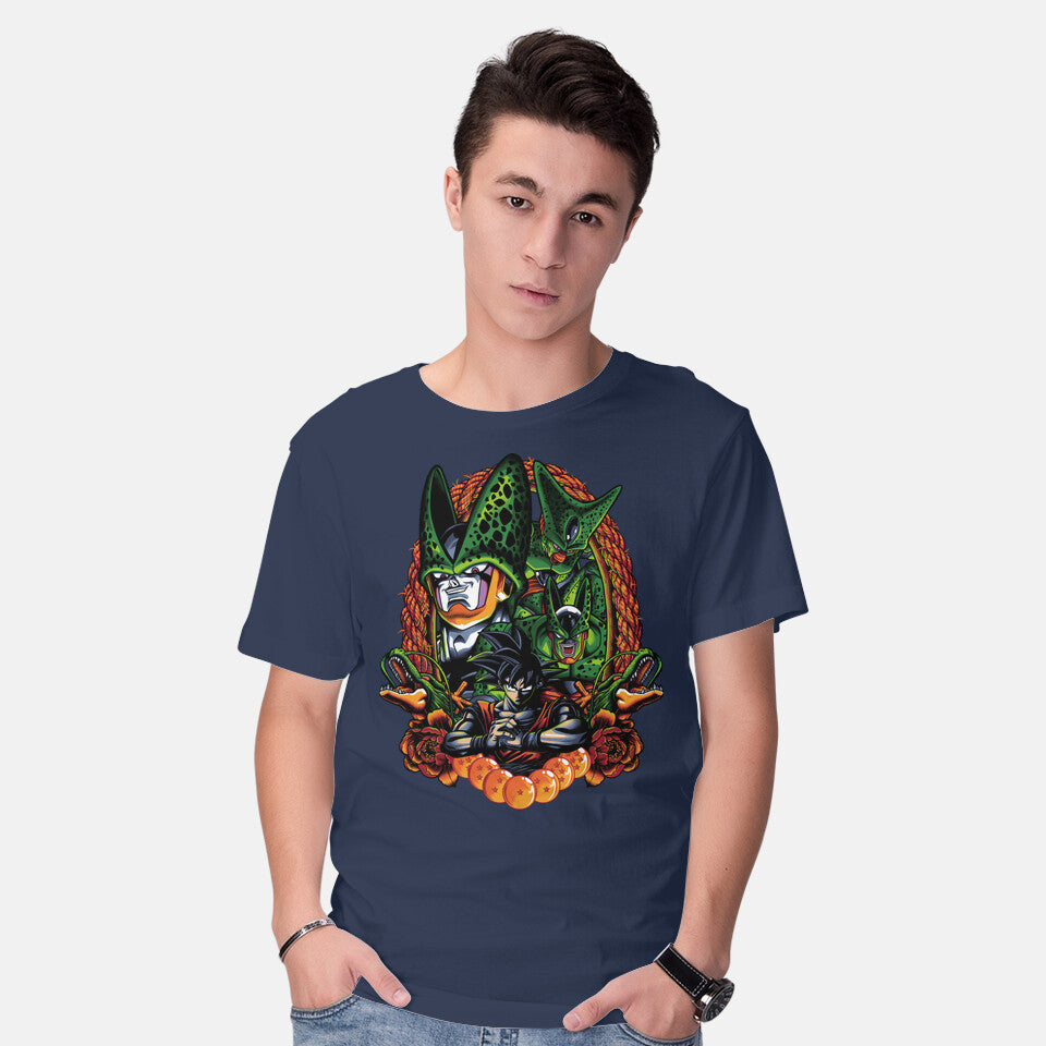 Model wearing navy Android Eater – Anime Graphic T-Shirt
