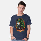 Model wearing navy Android Eater – Anime Graphic T-Shirt