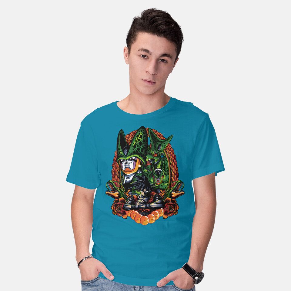 Model wearing turquoise Android Eater – Anime Graphic T-Shirt