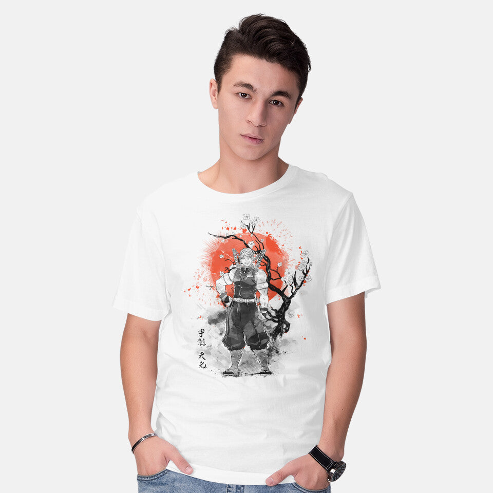 Model wearing white Uzui At Sakura Tree – Anime Graphic T-Shirt