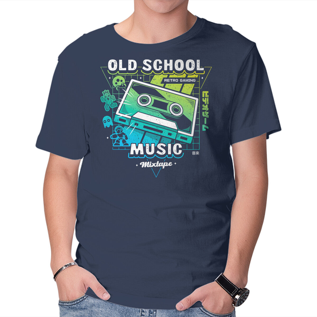 Retro Gaming Music – Gaming Graphic T-Shirt in navy, product display