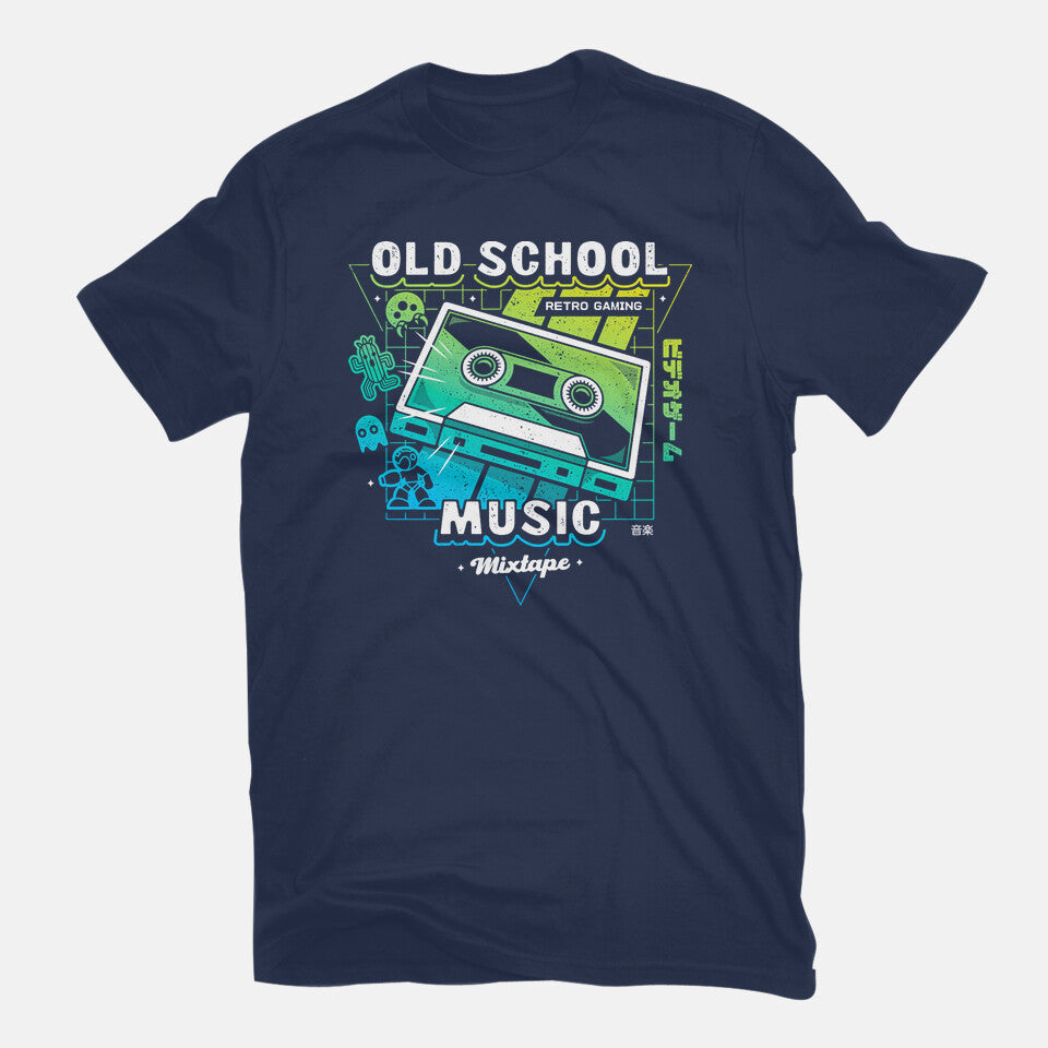 Retro Gaming Music – Gaming Graphic T-Shirt in navy, flat-lay product view
