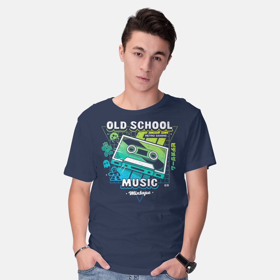 Model wearing navy Retro Gaming Music – Gaming Graphic T-Shirt