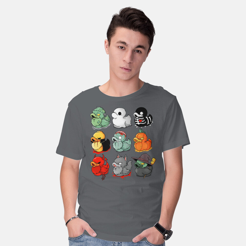 Model wearing charcoal Halloween Duck – Halloween Graphic T-Shirt