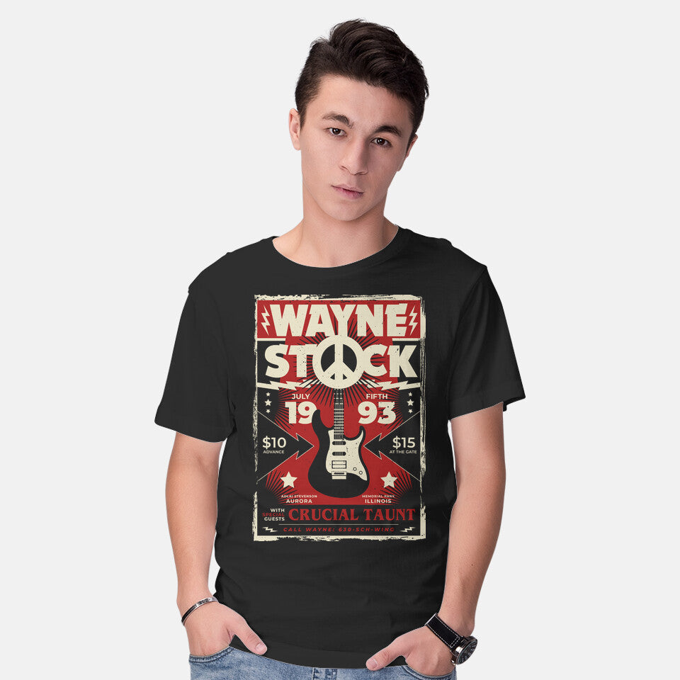 Model wearing black Wayne Stock – Music Graphic T-Shirt
