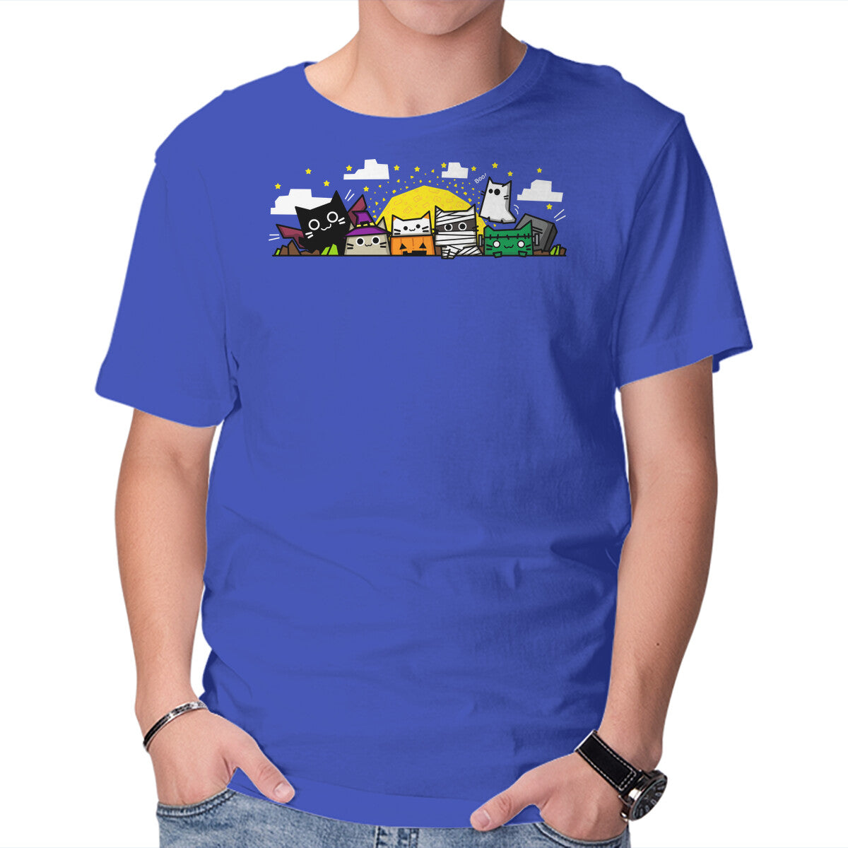 The Spooky Dudes – Cat Graphic T-Shirt in royal blue, product display