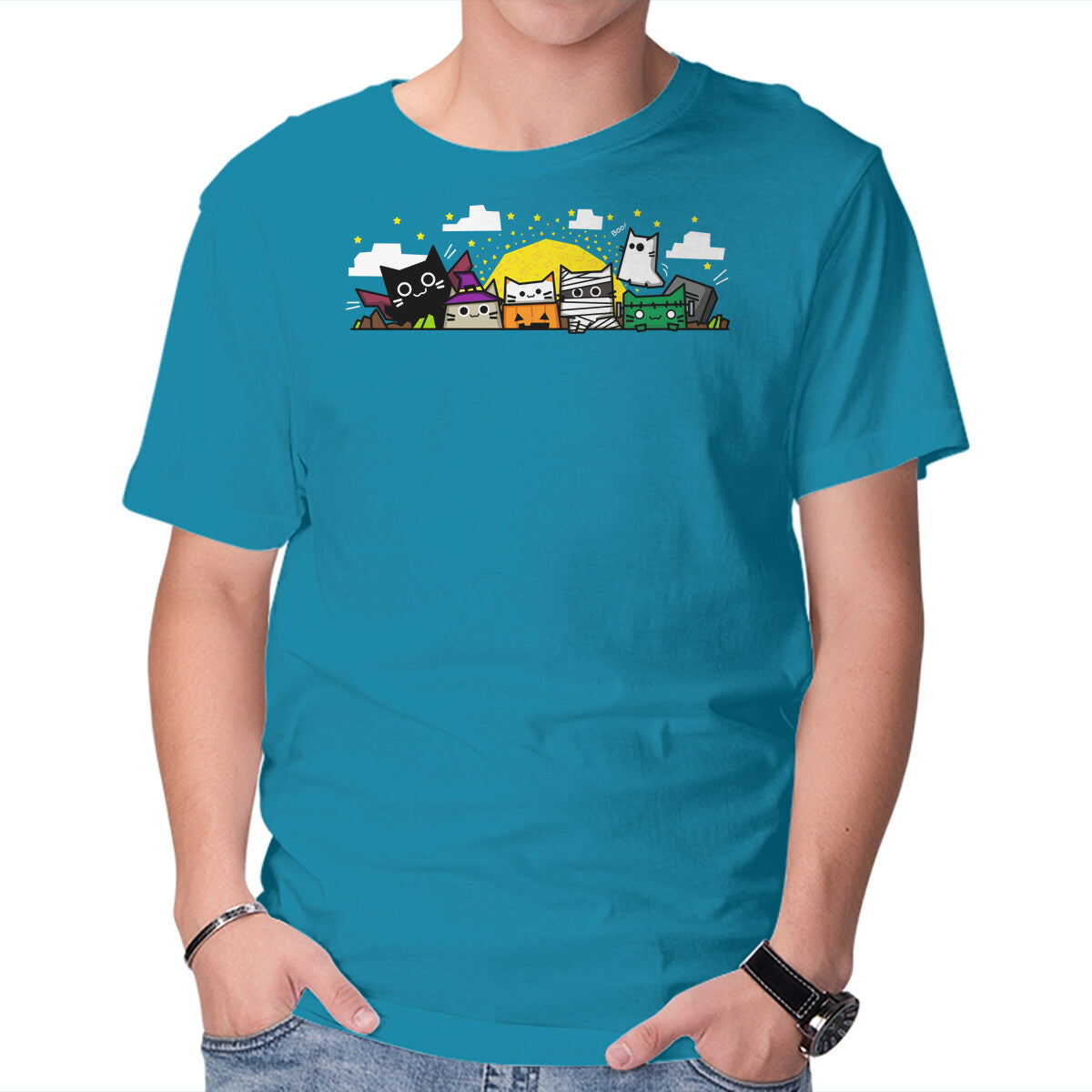 The Spooky Dudes – Cat Graphic T-Shirt in turquoise, product display
