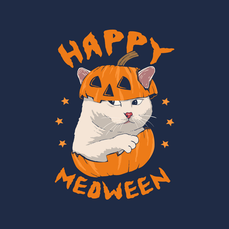 Happy Meoween – Cat Graphic T-Shirt design artwork for navy graphic T-shirt