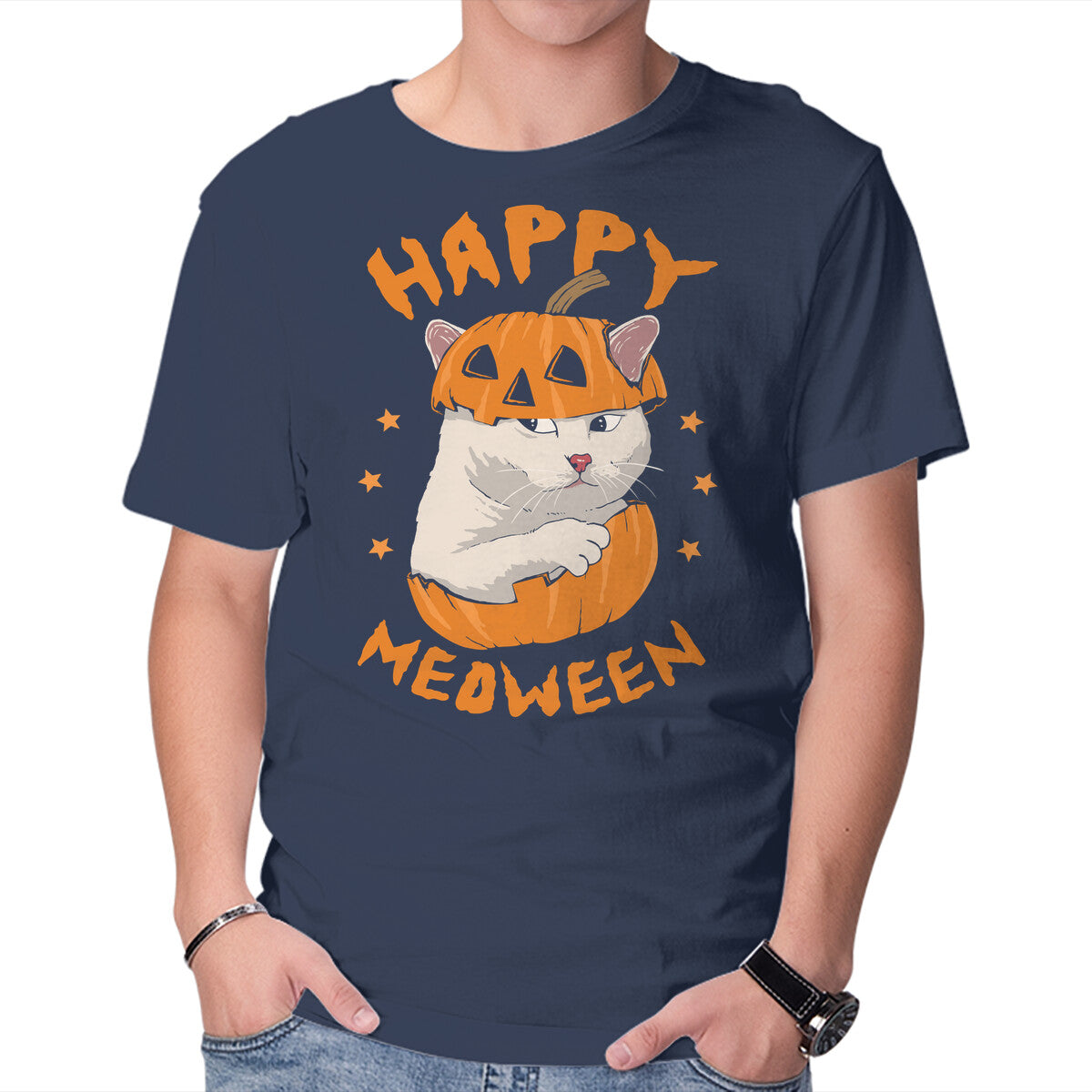 Happy Meoween – Cat Graphic T-Shirt in navy, product display