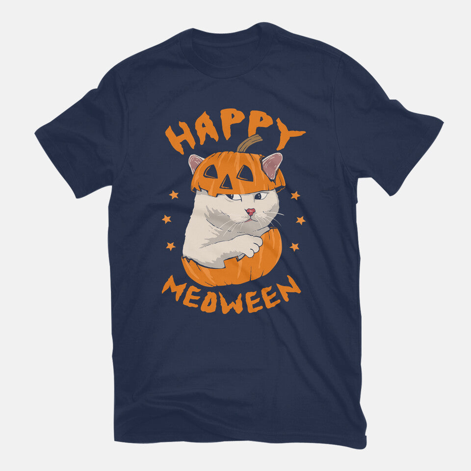 Happy Meoween – Cat Graphic T-Shirt in navy, flat-lay product view