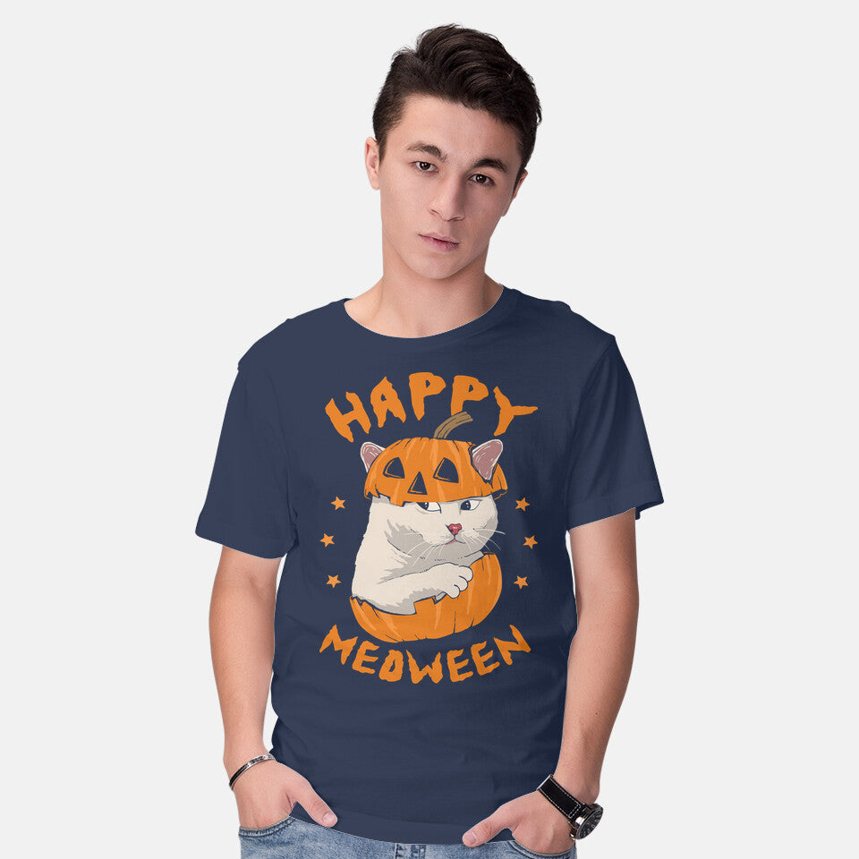 Model wearing navy Happy Meoween – Cat Graphic T-Shirt