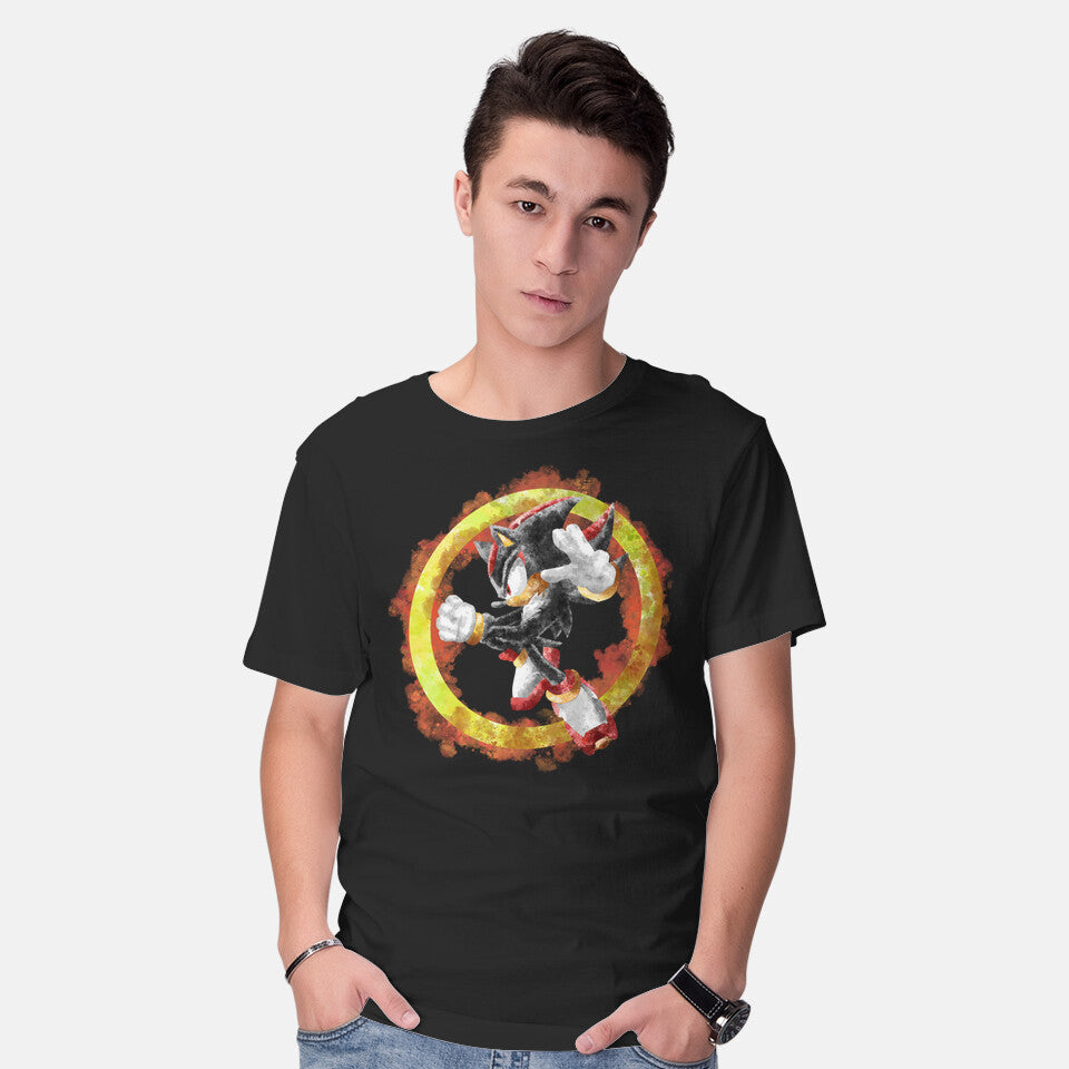 Model wearing black Shadow Splash – Gaming Graphic T-Shirt