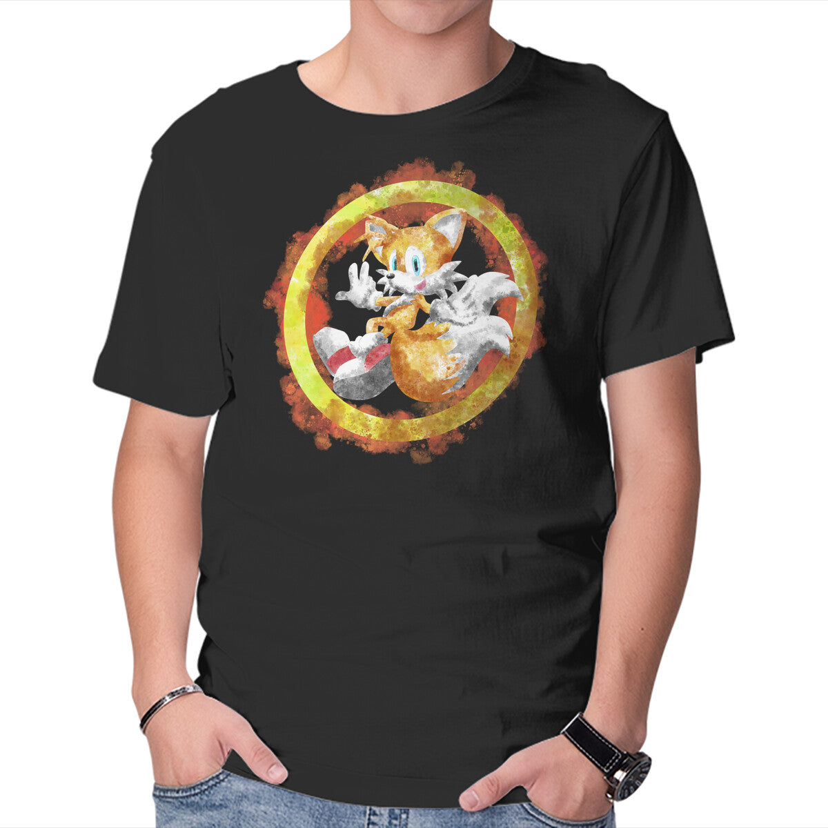 Tails Splash – Gaming Graphic T-Shirt in black, product display