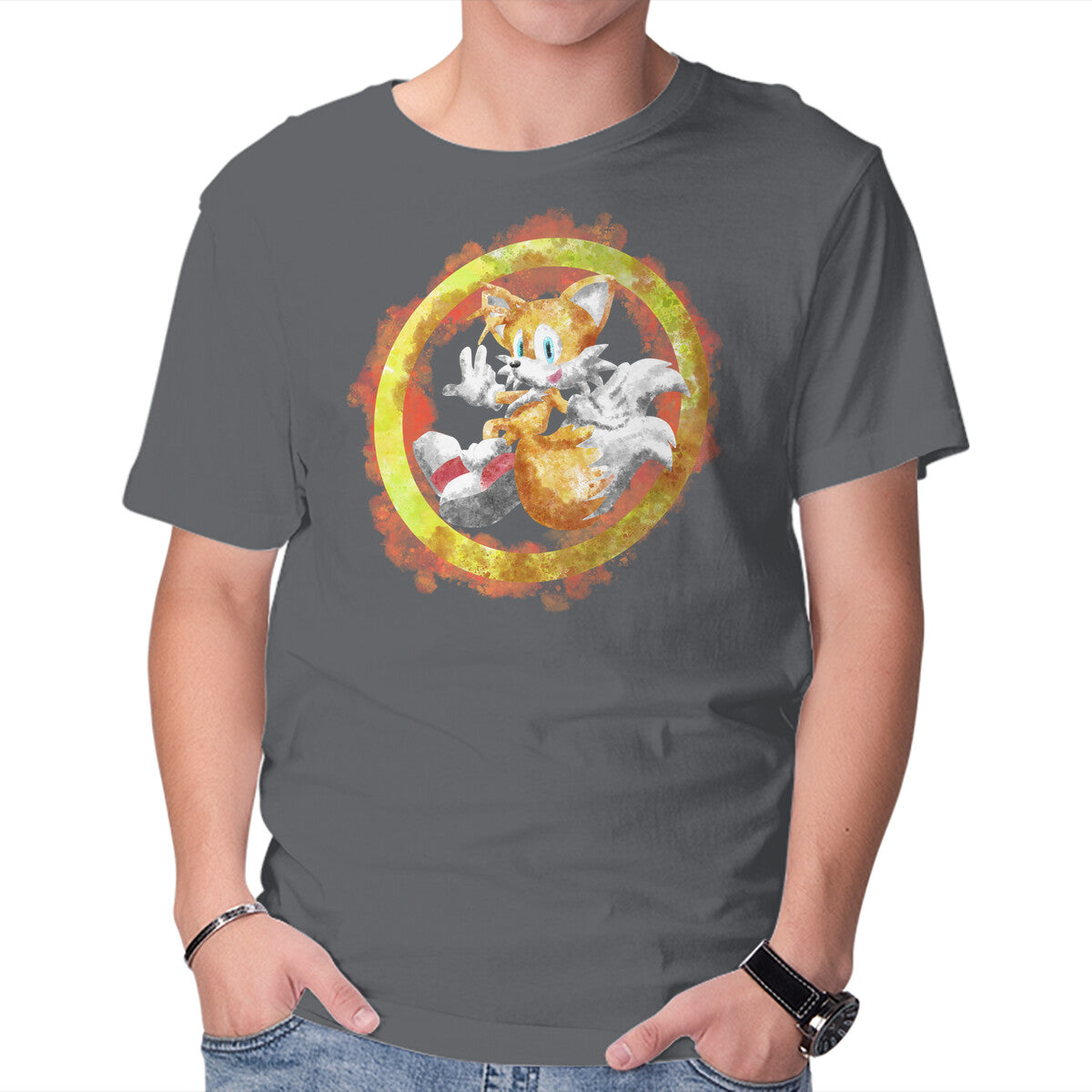 Tails Splash – Gaming Graphic T-Shirt in charcoal, product display