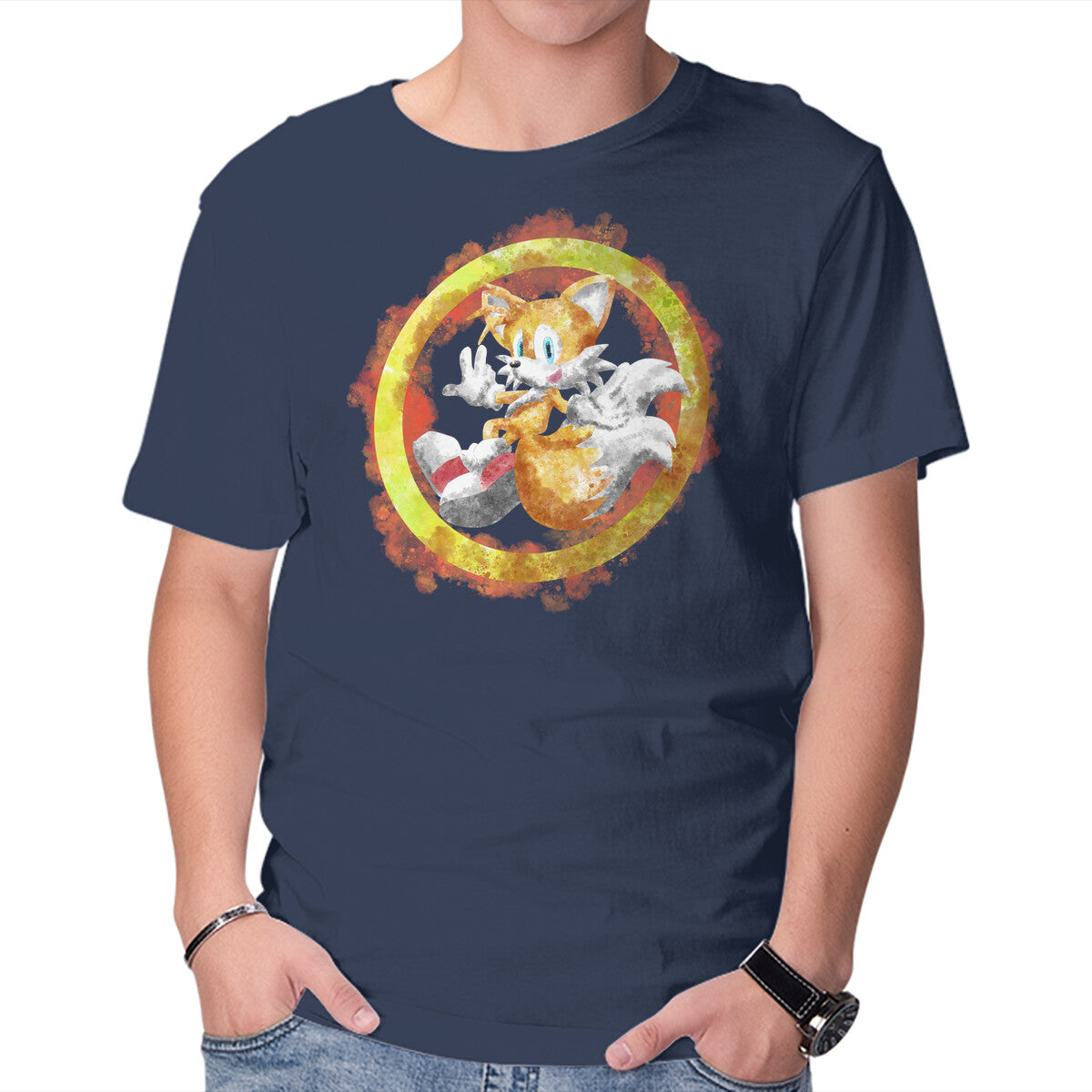 Tails Splash – Gaming Graphic T-Shirt in navy, product display