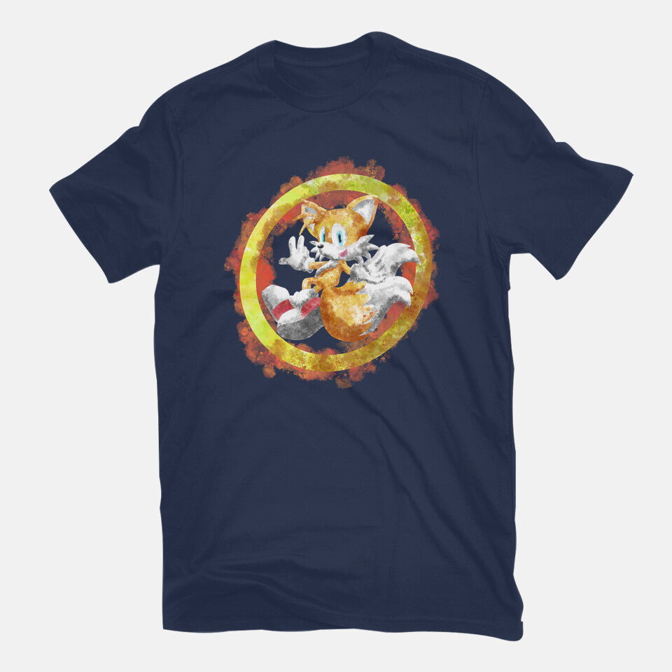 Tails Splash – Gaming Graphic T-Shirt in navy, flat-lay product view