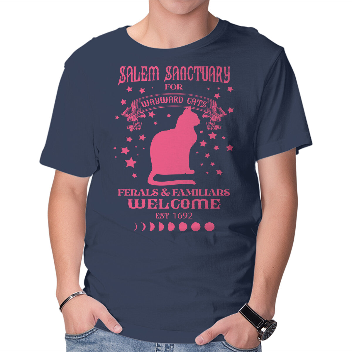 Salem Sanctuary – Cat Graphic T-Shirt in navy, product display