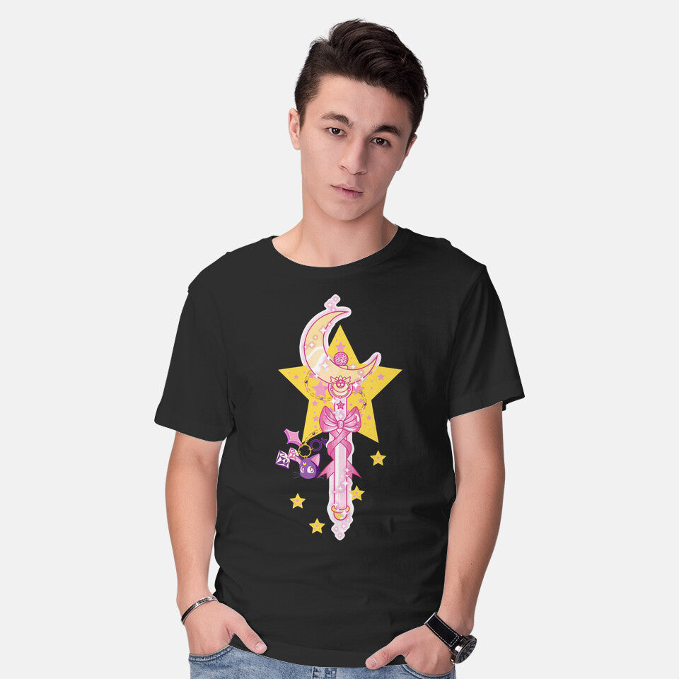 Model wearing black Moon Star – Anime Graphic T-Shirt