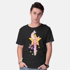 Model wearing black Moon Star – Anime Graphic T-Shirt