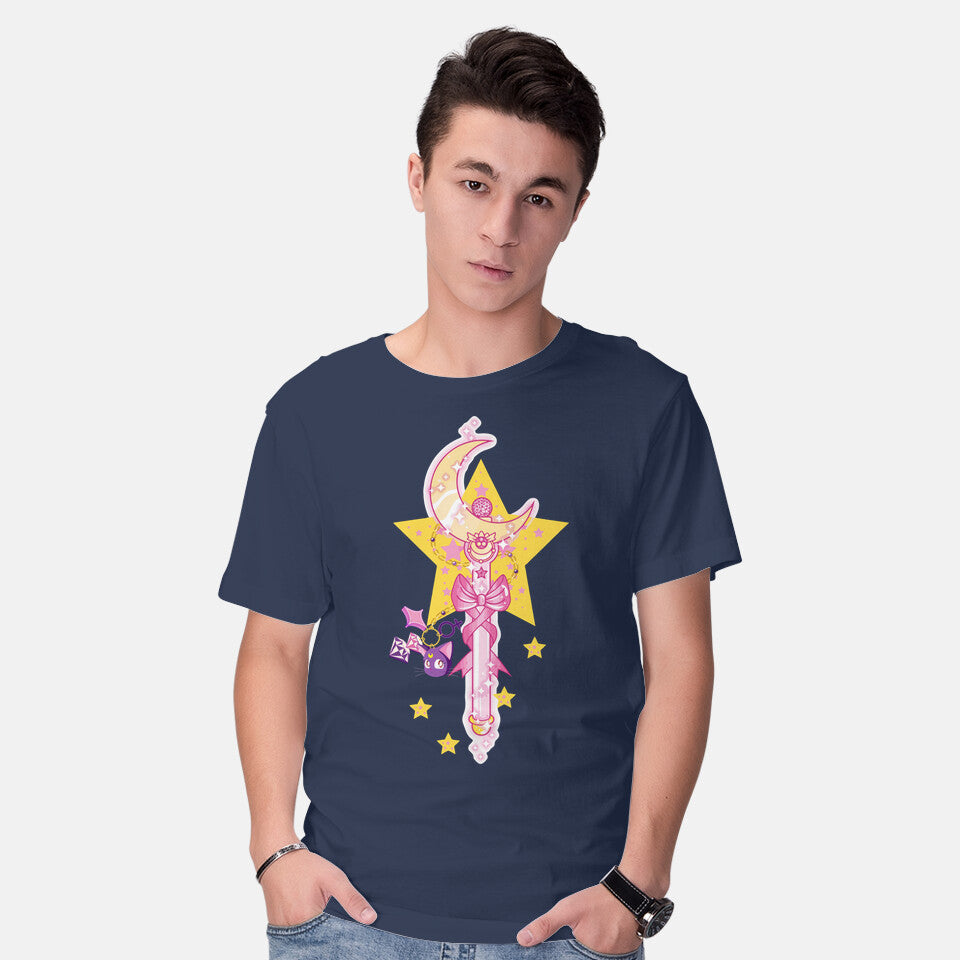 Model wearing navy Moon Star – Anime Graphic T-Shirt