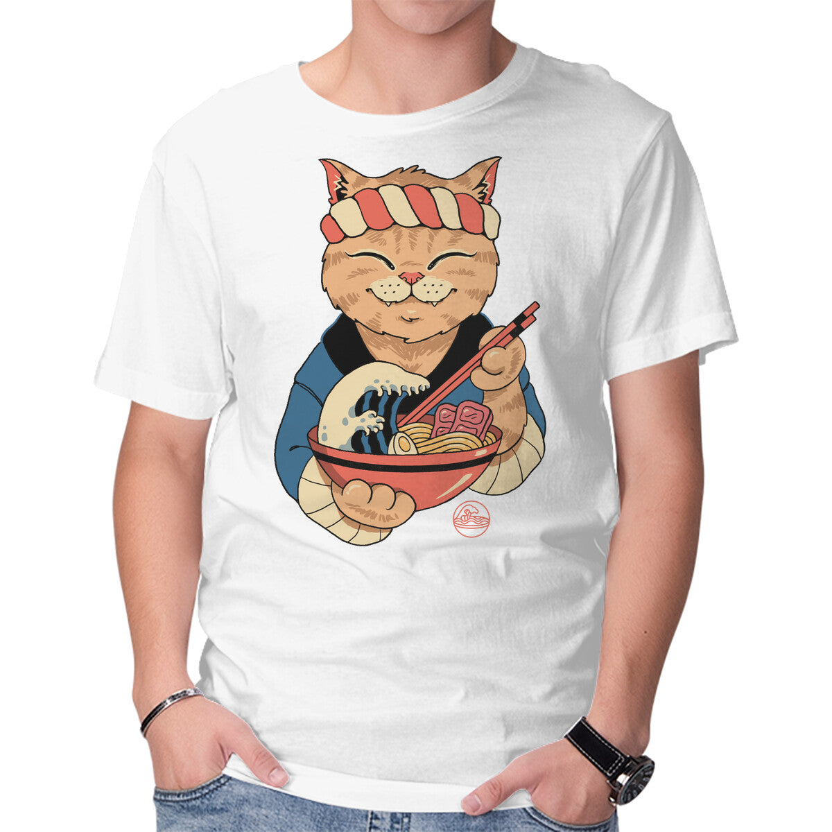 Ramen Meowster – Cat Graphic T-Shirt in white, product display