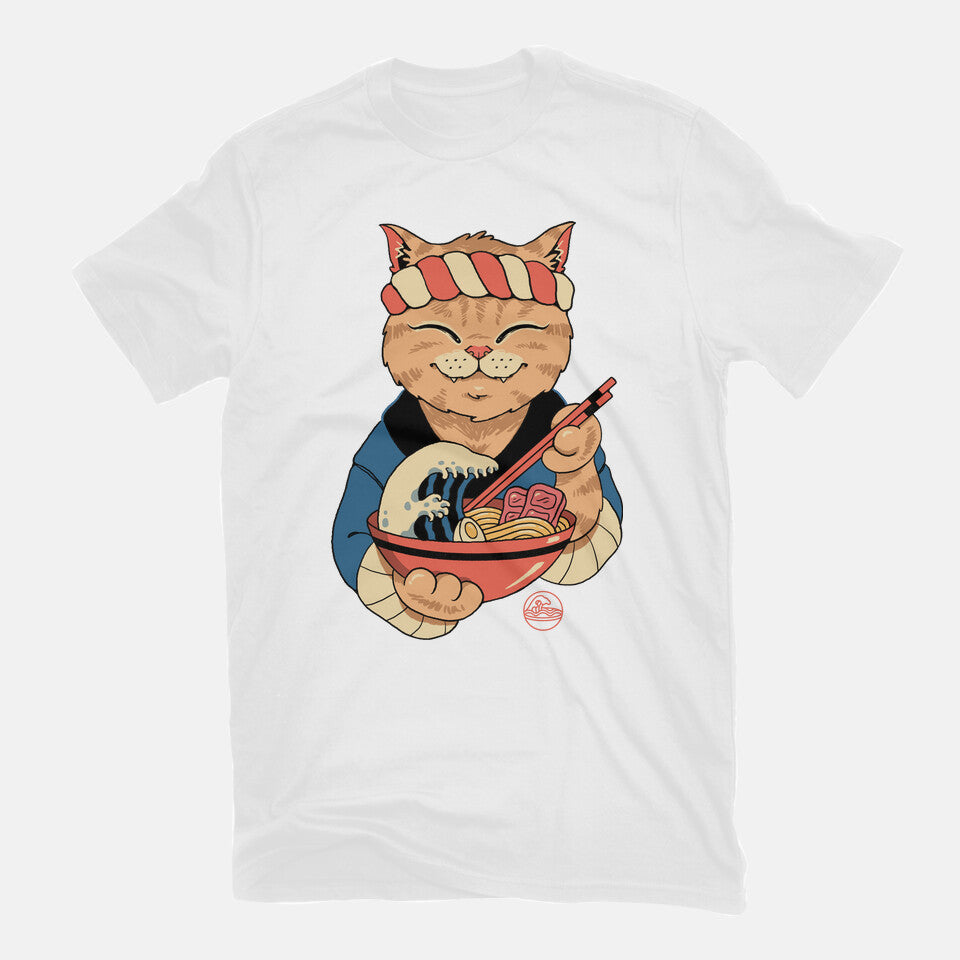 Ramen Meowster – Cat Graphic T-Shirt in white, flat-lay product view