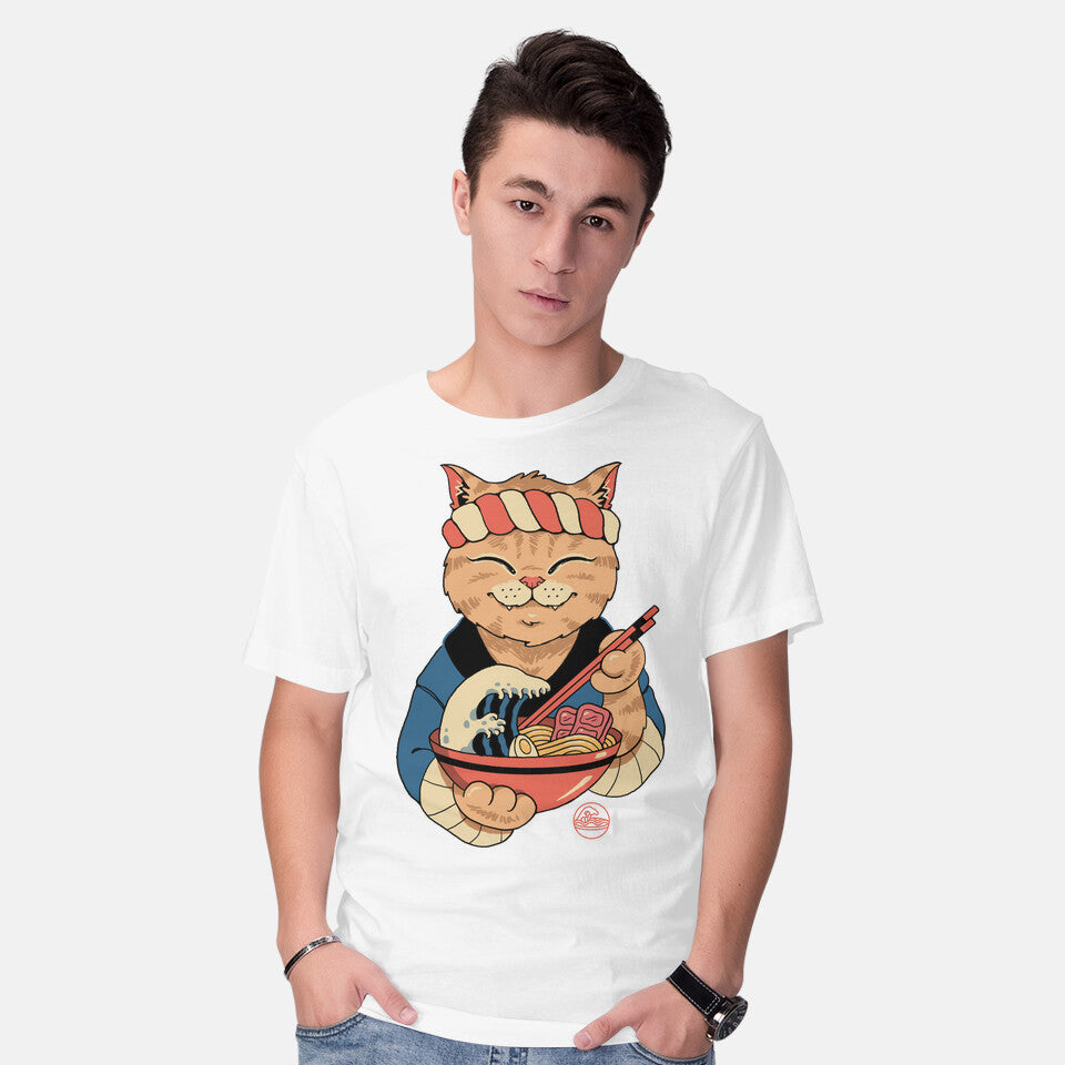Model wearing white Ramen Meowster – Cat Graphic T-Shirt