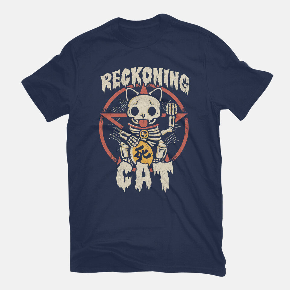 Reckoning Cat – Cat Graphic T-Shirt in navy, flat-lay product view