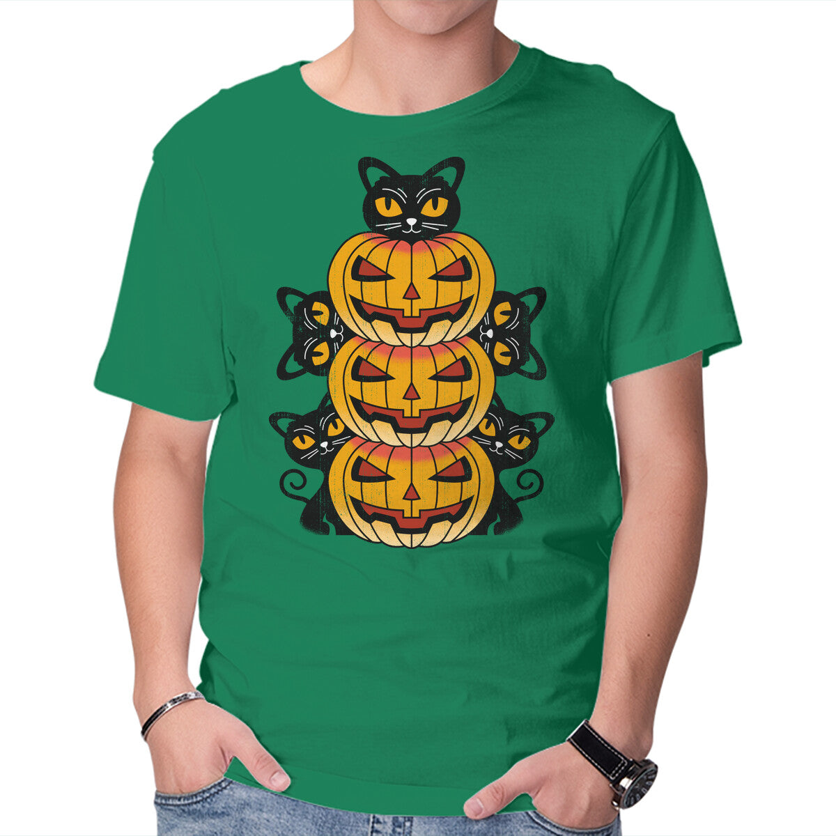 Cats And Pumpkins – Cat Graphic T-Shirt in green, product display