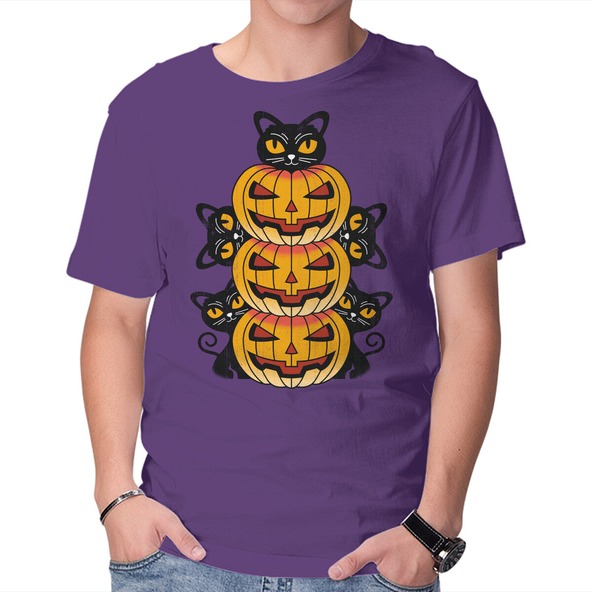 Cats And Pumpkins – Cat Graphic T-Shirt in purple, product display