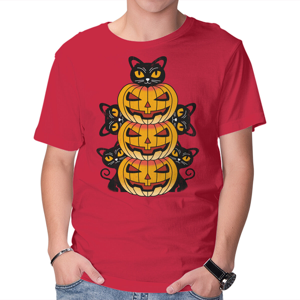 Cats And Pumpkins – Cat Graphic T-Shirt in red, product display