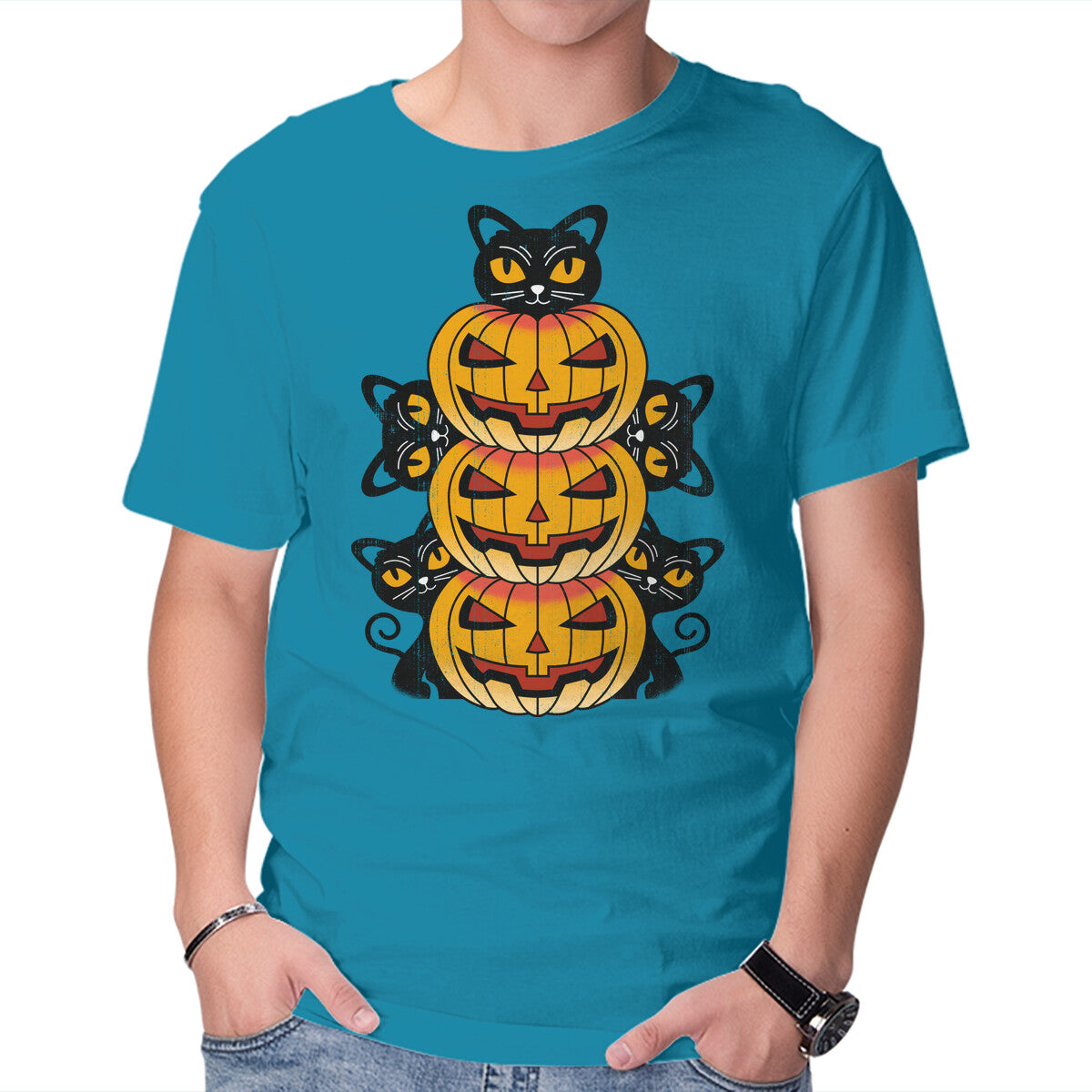 Cats And Pumpkins – Cat Graphic T-Shirt in turquoise, product display