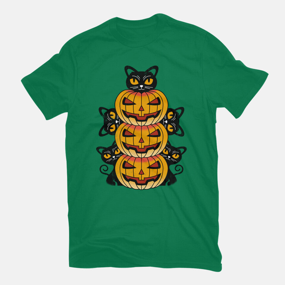 Cats And Pumpkins – Cat Graphic T-Shirt in green, flat-lay product view