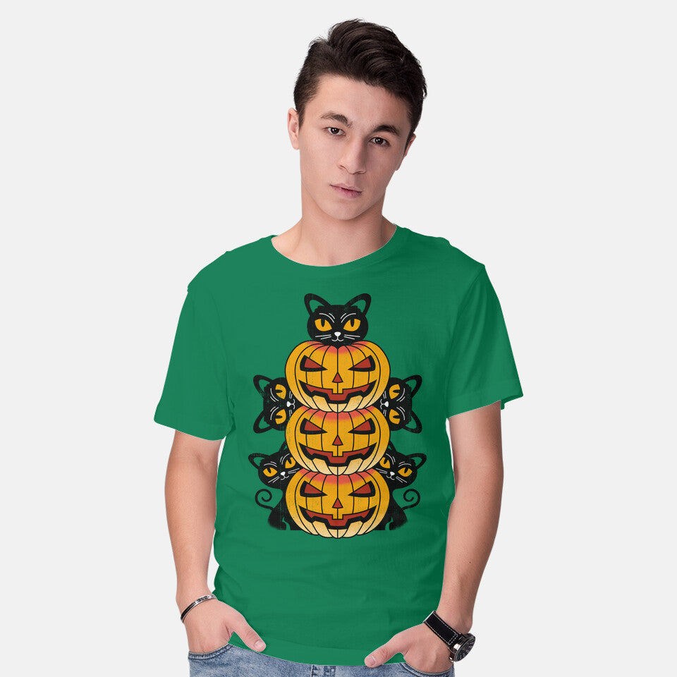 Model wearing green Cats And Pumpkins – Cat Graphic T-Shirt