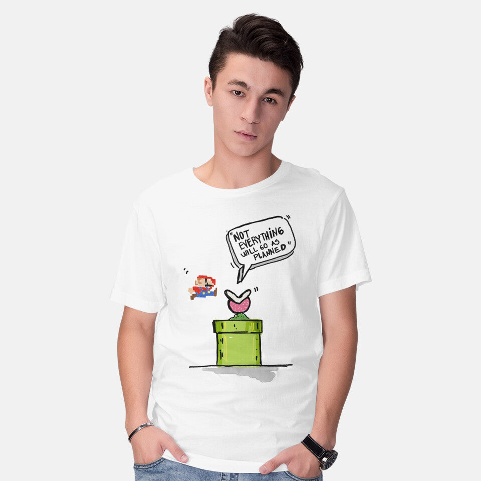 Model wearing white Start Again – Gaming Graphic T-Shirt