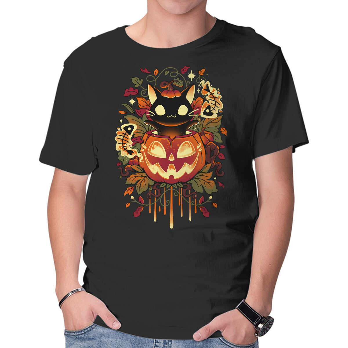 Autumn Tricks – Cat Graphic T-Shirt in black, product display
