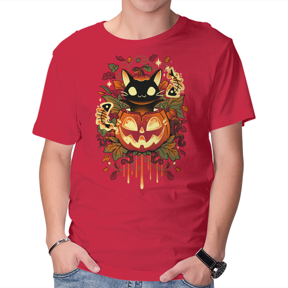 Autumn Tricks – Cat Graphic T-Shirt in red, product display