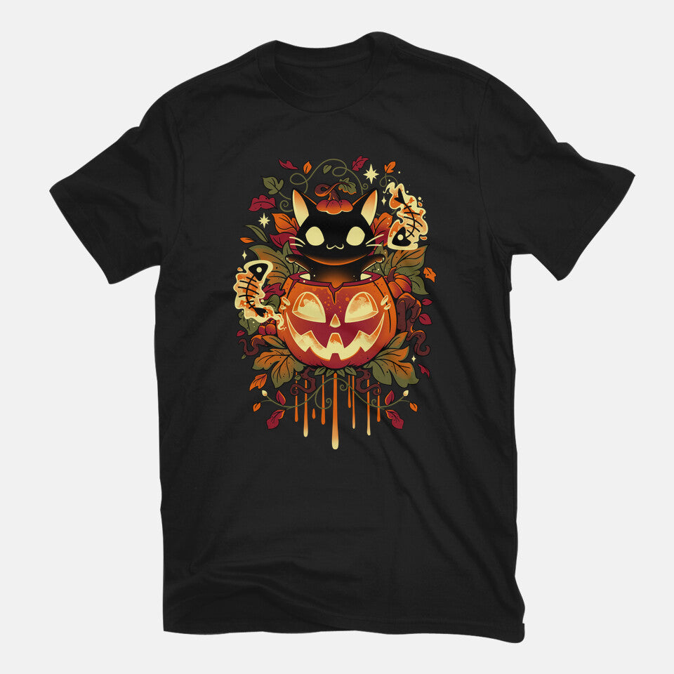 Autumn Tricks – Cat Graphic T-Shirt in black, flat-lay product view