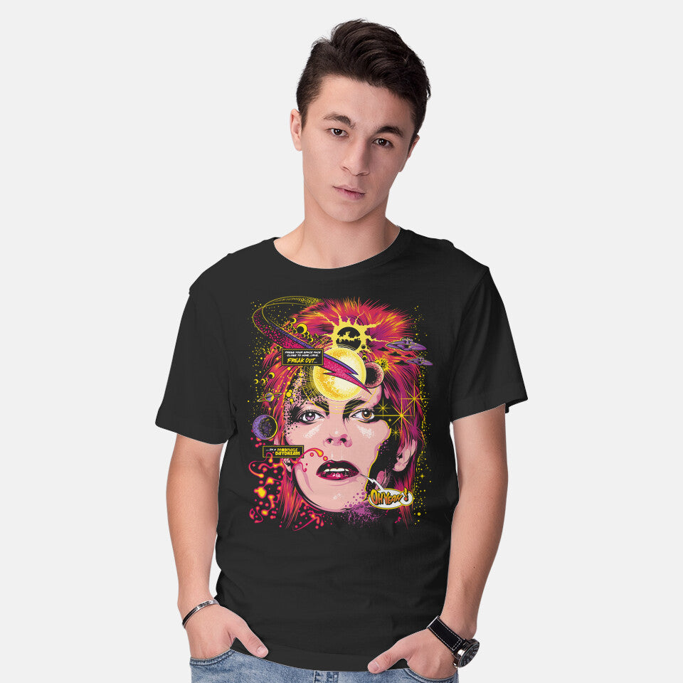Model wearing black Space Face – Music Graphic T-Shirt