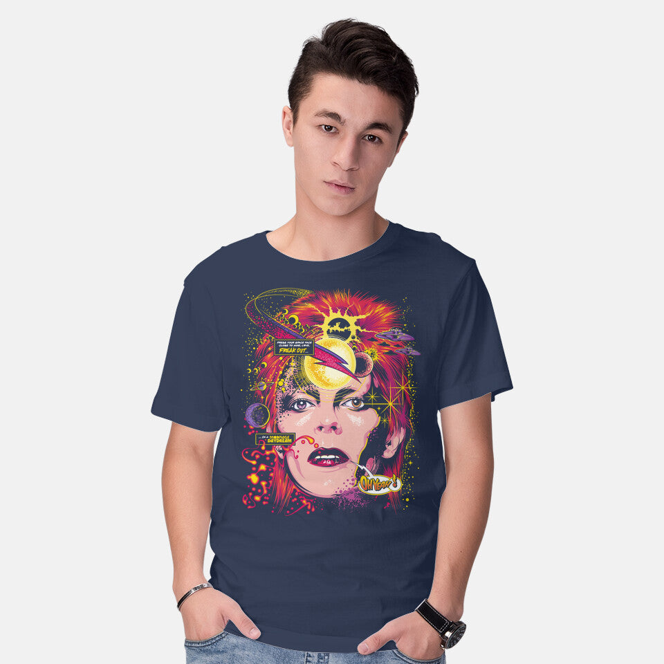 Model wearing navy Space Face – Music Graphic T-Shirt