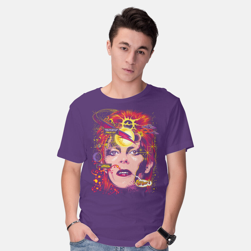 Model wearing purple Space Face – Music Graphic T-Shirt